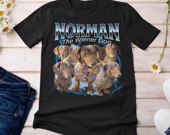 Norman the Wiener Dog Collage Tee, Funny Dachshund Shirt, Trendy Dog Lover Graphic Tee, Iconic Doxie Merch, Bold Dachshund Photo T-Shirt