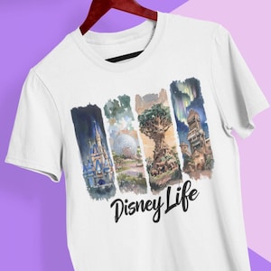 Disney Life Shirt, Watercolor Disney World Park Icons Tee, Castle, Epcot, Animal Kingdom, Tower of Terror, Disney Family Vacation T-Shirt