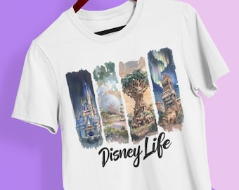 Disney Life Shirt, Watercolor Disney World Park Icons Tee, Castle, Epcot, Animal Kingdom, Tower of Terror, Disney Family Vacation T-Shirt