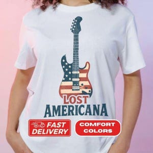 Lost Americana Vintage Guitar T-Shirt, Distressed Patriotic Guitar Graphic Tee, USA Flag Rock Band Shirt for MGK & 4th of July Fans