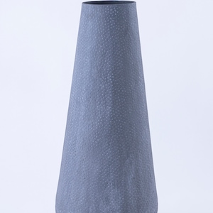 May include: A tall, gray ceramic vase with a textured surface. The vase has a wide base and a narrow opening.