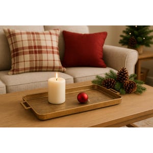 May include: A lit white candle, red bauble, and pine cones are arranged on a rectangular gold tray with handles. The tray is on a wooden coffee table. Two cushions in red and plaid patterns are on a beige sofa.