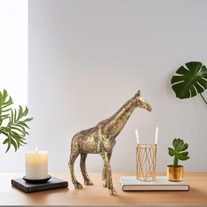 May include: A gold-colored giraffe sculpture with intricate detailing stands on a wooden surface. A white candle sits on a black base, and a geometric candle holder with two lit candles is also present. A small potted plant adds a touch of greenery.