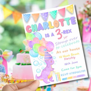 Personalized Pastel Dinosaur Birthday Invitation, Cute Editable 3 Rex Girl Party Invite,