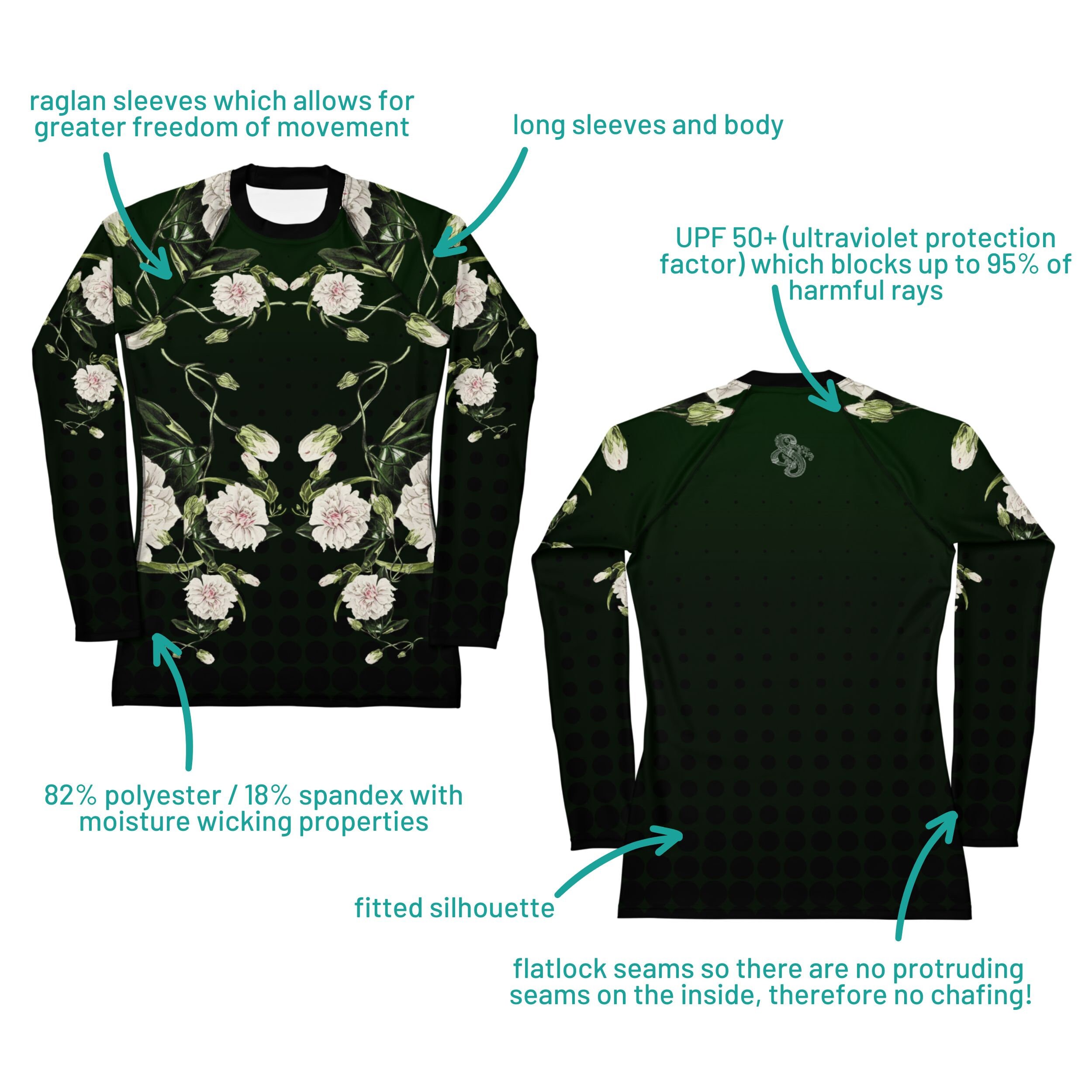Japanese Bindweed Floral Print Rash Guard: Women's Dark Green BJJ Top ...
