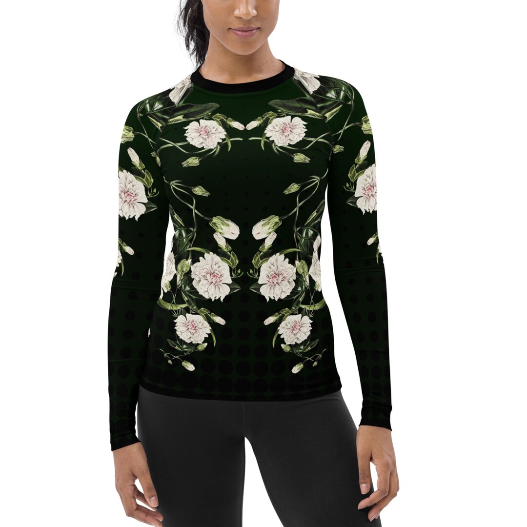 Japanese Bindweed Floral Print Rash Guard: Women's Dark Green BJJ Top ...