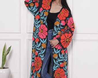 Boho Suzani haftowany indyjski kimono płaszcz | Długi płaszcz z bawełny TNT | Kwiatowa indyjska kurtka | Kurtka festiwalowa z otwartym przodem | Odzież damska