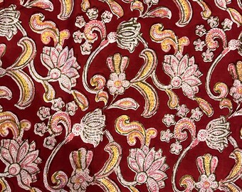 Floral Hand Block Printed Cotton Fabric | Fabric by the Yard | Indian Textile for Dresses, Tops, Quilting, Home Décor, Upholstery & Crafts