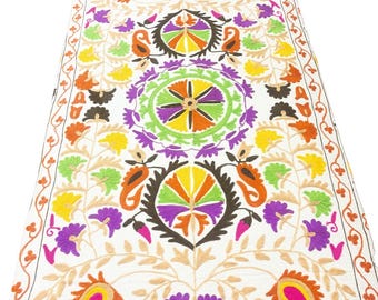 Hand Embroidery Suzani Cotton Bedsheet - Uzbek Suzani Art- Embroidery Bed Cover - Twin Bed Tapestry Throw Suzani Handmade- Indian Boho Décor