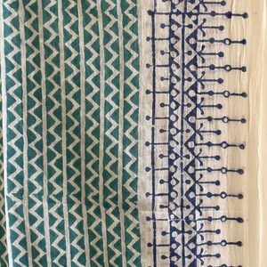 May include: A white fabric with a teal and blue geometric pattern. The fabric has a chevron pattern on the left side and a more intricate pattern on the right side.