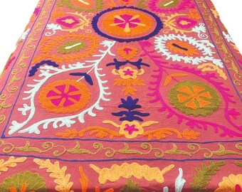 Hand Embroidery Bedsheet Suzani Cotton - Handmade Floral Bed Spread - Indian Embroidery Bed Cover - Twin Tapestry Throw - Indian Boho Décor