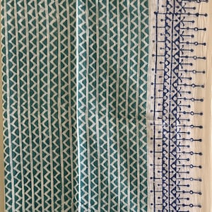 May include: White fabric with a teal chevron pattern and a blue and white border with a geometric design.