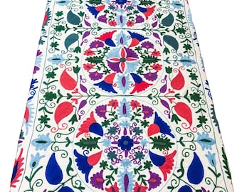 Handmade Suzani Cotton Bedsheet - Embroidered Floral Boho Bedspread - Indian Decorative Bed Cover - Twin Tapestry Throw - Indian Boho Décor