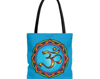 AUM SYMBOL on All Over Print Tote Bag in Three Convenient Sizes is graced with Artwork by Theodora Saladino Krc of Cosmic Visions Fine Art.