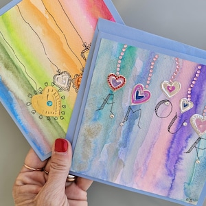 lot de 2 cartes aquarelle avec motifs métal