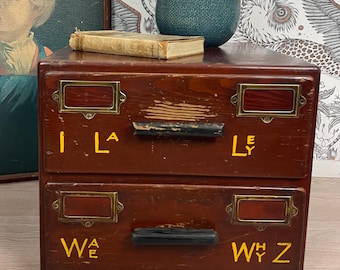 Small Vintage Two Drawer Library Index Card Filing Cabinet