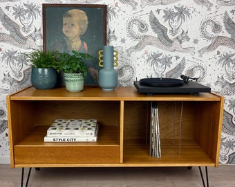Vintage Mid-century Hifi Record Player Media Cabinet with Vinyl Storage