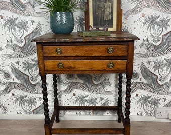 Vintage Oak Console Side Table With Barley Twist Legs and Two Drawers