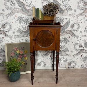 May include: A tall, dark wood cabinet featuring a single door with a circular panel, four slender turned legs, and an open top shelf. The cabinet holds a small collection of books and a cluster of dried flowers, standing on a light wood floor.