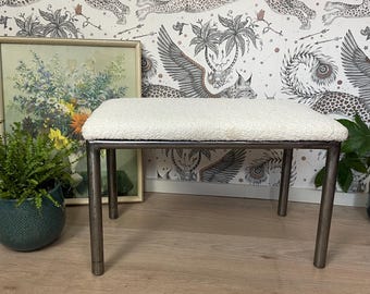 Vintage Retro Midcentury Tubular Steel Footstool Covered in White Boucle Fabric