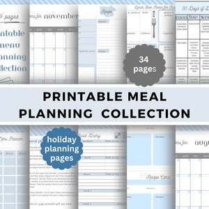Op de afbeelding: Een printbare verzameling voor het plannen van maaltijden met 34 pagina's. De verzameling bevat een verscheidenheid aan sjablonen voor het plannen van maaltijden, waaronder een maandelijkse kalender, een wekelijkse menu planner, een pagina voor het plannen van vakanties, een voedseldagboek en receptenkaarten. De sjablonen zijn ontworpen in een lichtblauw en grijs kleurenschema.