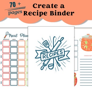 Könnte beinhalten: Ein druckbarer Rezeptordner mit über 70 Seiten. Der Ordner enthält einen Speiseplan, Rezeptseiten und Zutatenlisten. Die Seiten sind mit einer blau-weißen Illustration von Küchenutensilien und dem Wort "RECIPES" verziert.