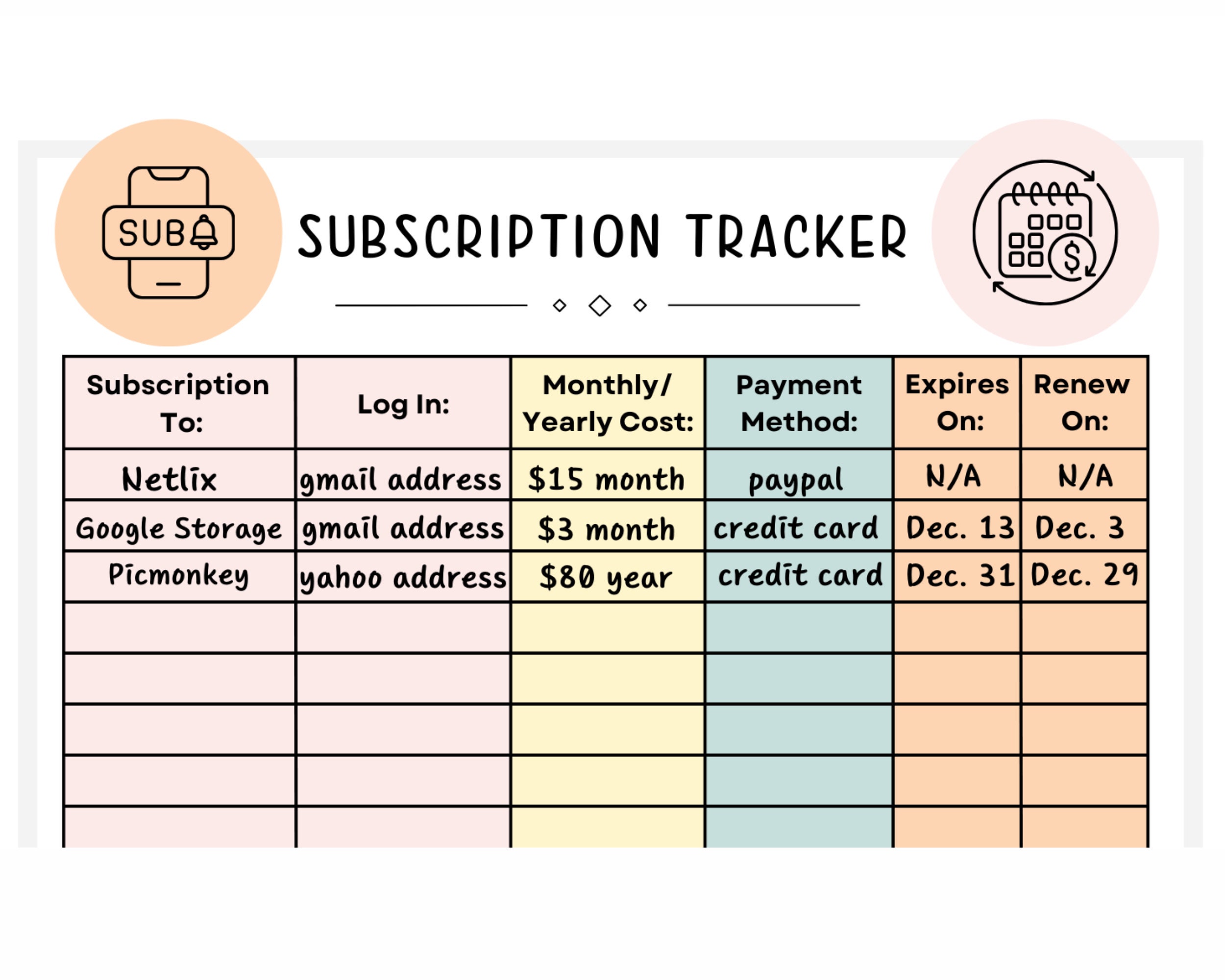 Subscription Tracker Printables - Etsy