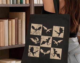 Dragon Book Tote Bag, Fantasy Reader Giftt, Book Dragon Tote Bag, Gothic Grunge Tote, Medieval Graphic Gift for Book Lovers, Dragon Tote Bag