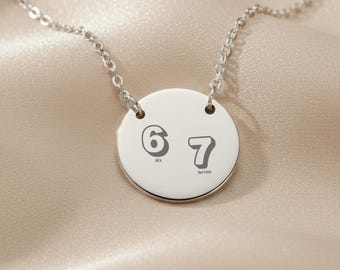 Engraved 6 7 Necklace, Funny Six Seven Meme Jewelry, Viral Gen Z Trend Pendant, Teen Girl Gift, 67 Number Necklace, Math Teacher Meme Gift
