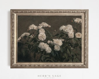 Vintage White Peony Oil Painting | Antique Moody Rustic Floral Artwork | Classic Aesthetic Farmhouse Wall Decor | Digital Printable Vintage