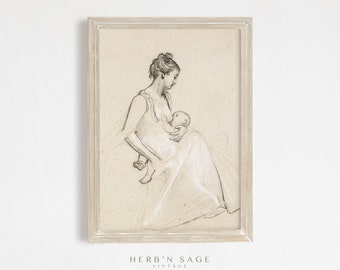 Breastfeeding Art | Antique Mother and Baby Vintage Sketch Nursery Decor | Digital PRINTABLE VINTAGE  Wall Art | No. 2