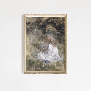 This vintage artwork features a little girl picking flowers in a beautiful meadow. Beautiful pastel colors of greens, whites and blues, that would go perfect with any antique decor or even a kid’s corner.