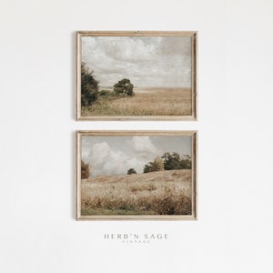 Antique Landscape Grassland Painting with Trees Wall SET of 2 | Vintage Country Moody Home Decor Artworks | PRINTABLE Wall Art | Col. 8
