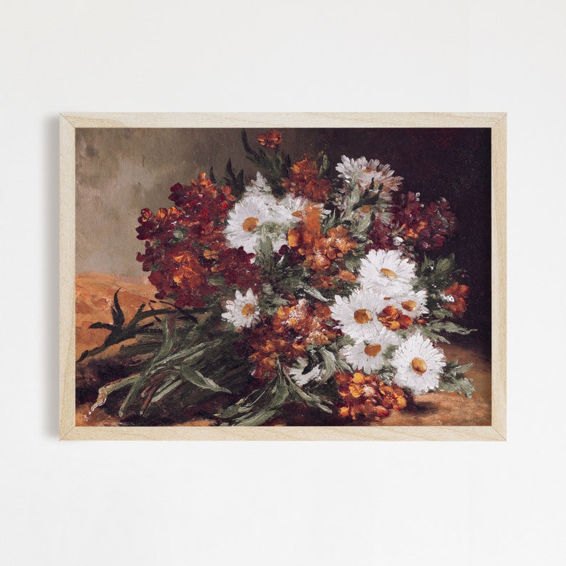 This vintage floral artwork features earthy reds, warm oranges and white colors. This vintage art piece would go perfect on any warm earthy colored walls!