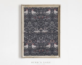 Antique Bird Fabric Pattern | Vintage Botanical Bird Textile Artwork Moody Farmhouse Home Decor | Digital PRINTABLE VINTAGE Wall Art | No.18