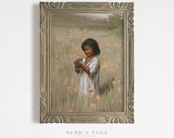 Vintage Girl with Bunny | Antique Painting of a Young Girl & a Rabbit | Nursery or Easter Home Decor | Digital PRINTABLE Wall Art | No. 100