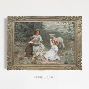 Vintage Spring Children and Lamb Print | Vintage Easter Printable | Spring Farmhouse Home Decor | PRINTABLE Digital Wall Art | No. 78