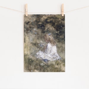 This vintage artwork features a little girl picking flowers in a beautiful meadow. Beautiful pastel colors of greens, whites and blues, that would go perfect with any antique decor or even a kid’s corner.