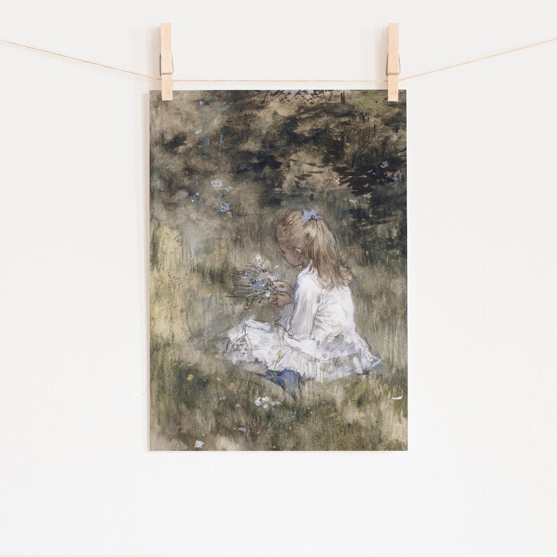 This vintage artwork features a little girl picking flowers in a beautiful meadow. Beautiful pastel colors of greens, whites and blues, that would go perfect with any antique decor or even a kid’s corner.
