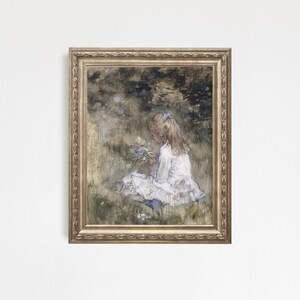 This vintage artwork features a little girl picking flowers in a beautiful meadow. Beautiful pastel colors of greens, whites and blues, that would go perfect with any antique decor or even a kid’s corner.