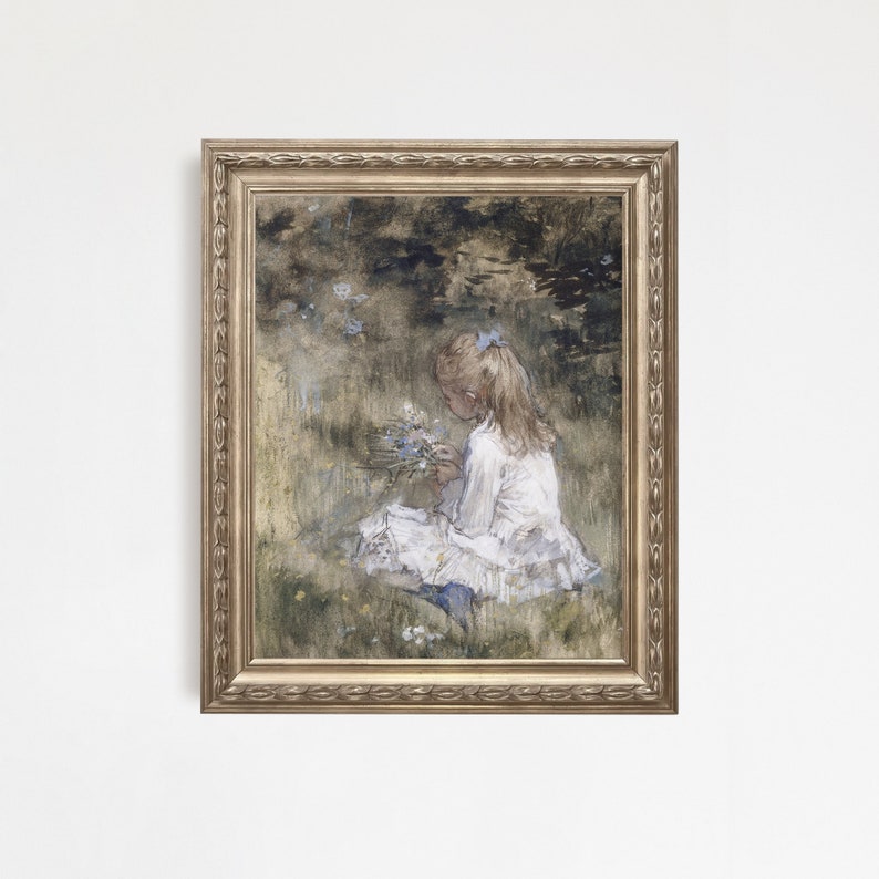 This vintage artwork features a little girl picking flowers in a beautiful meadow. Beautiful pastel colors of greens, whites and blues, that would go perfect with any antique decor or even a kid’s corner.