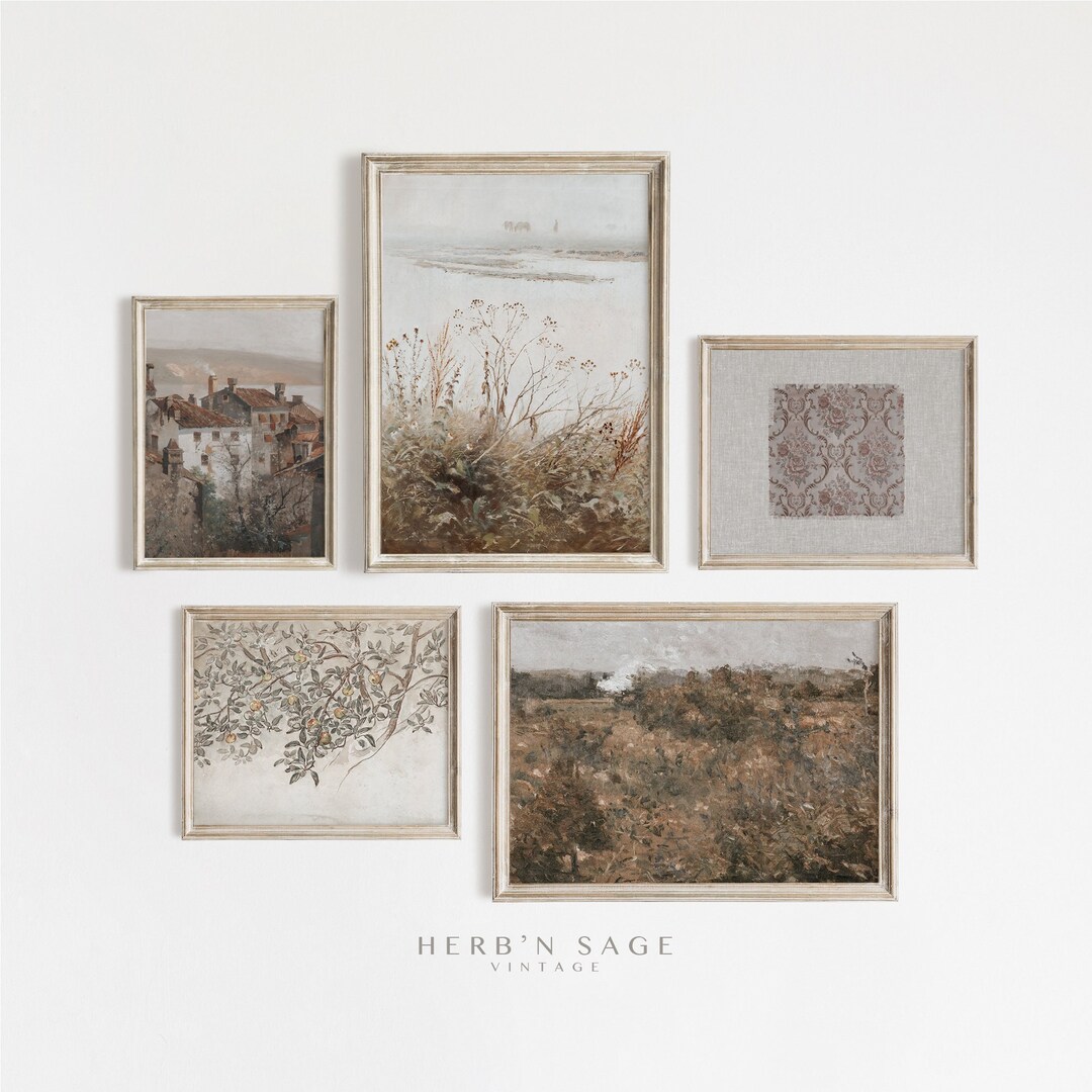 Vintage Neutral Gallery Wall SET of 5 | Antique Cozy Home Decor Artwork ...