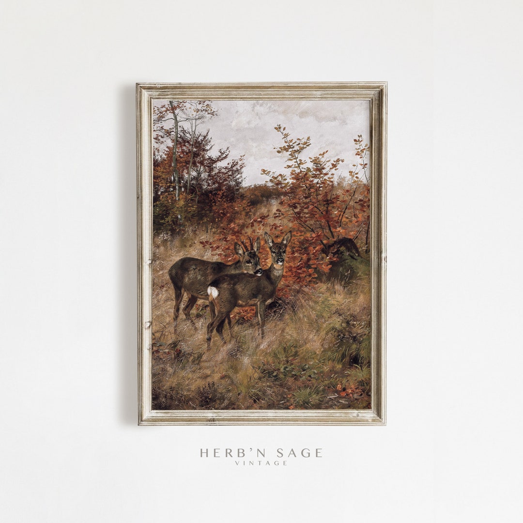 Vintage Deer Art Print | Antique Autumn Landscape Fall Forest Artwork ...