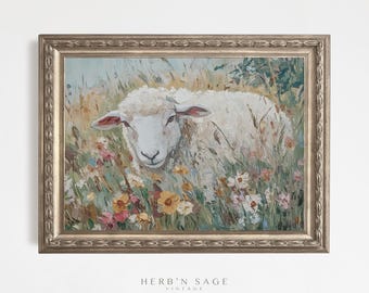 Original Vintage Spring Sheep Painting | Antique Easter Lamb Art Print | Pastel Farmhouse Wall Decor | Rustic Wildflower Animal |Cottagecore