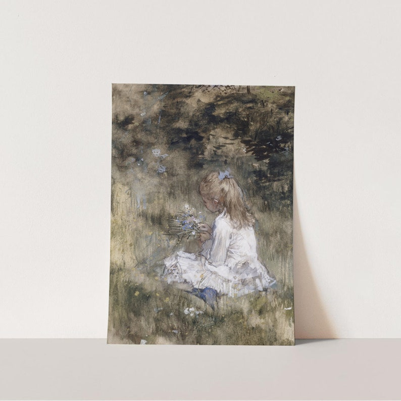 This vintage artwork features a little girl picking flowers in a beautiful meadow. Beautiful pastel colors of greens, whites and blues, that would go perfect with any antique decor or even a kid’s corner.