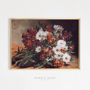 This vintage floral artwork features earthy reds, warm oranges and white colors. This vintage art piece would go perfect on any warm earthy colored walls!