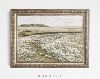 White Flower Fields Oil Painting | Antique Rustic Moody Floral Country Farmhouse Home Decor | Digital PRINTABLE VINTAGE Wall Art | No.43