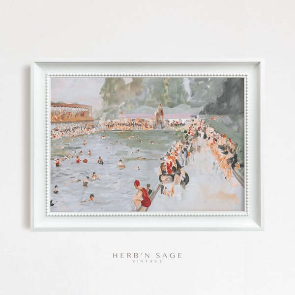 Vintage Poolside Reverie Art | Antique Painting of the Summertime at a Swimming Pool Home Decor | Digital PRINTABLE VINTAGE Wall Art | No.76