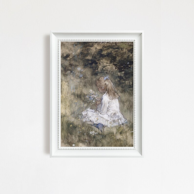 This vintage artwork features a little girl picking flowers in a beautiful meadow. Beautiful pastel colors of greens, whites and blues, that would go perfect with any antique decor or even a kid’s corner.