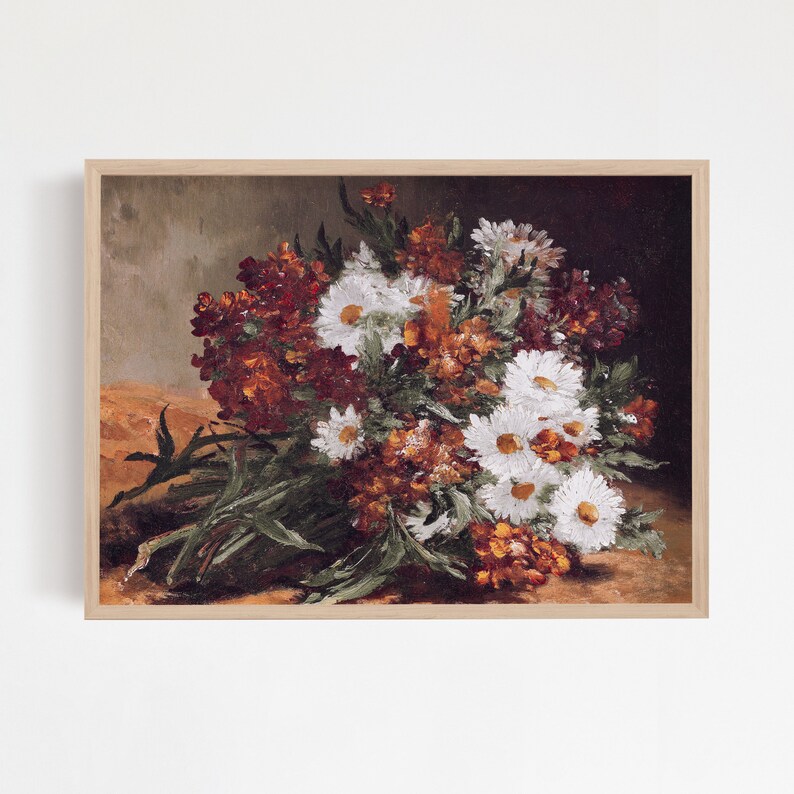 This vintage floral artwork features earthy reds, warm oranges and white colors. This vintage art piece would go perfect on any warm earthy colored walls!